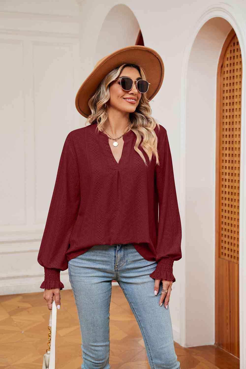 Notched Neck Flounce Sleeve Blouse - Trendsi - Flyclothing LLC