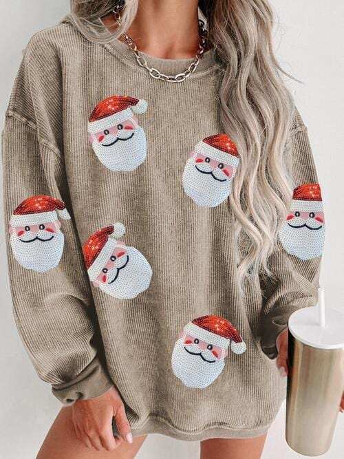 Sequin Santa Patch Ribbed Sweatshirt - Trendsi - Flyclothing LLC