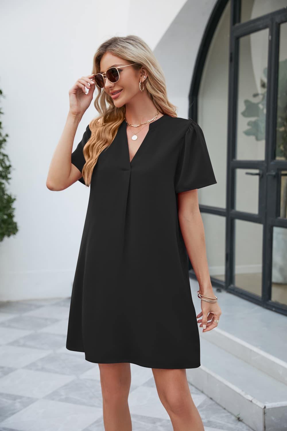 Notched Puff Sleeve Shift Dress - Trendsi