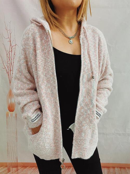 Zip Up Drawstring Long Sleeve Hooded Sweater - Flyclothing LLC