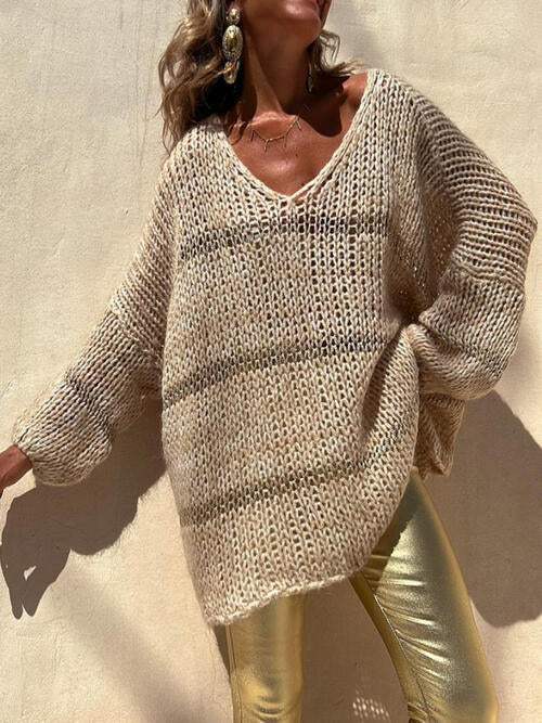 Openwork V-Neck Long Sleeve Sweater - Trendsi - Flyclothing LLC