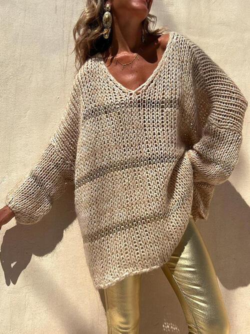 Openwork V-Neck Long Sleeve Sweater - Trendsi