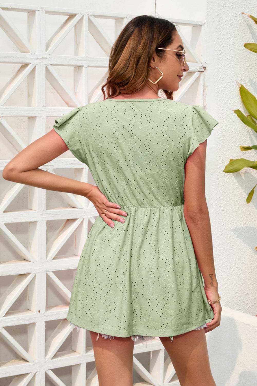 Decorative Button V-Neck Cap Sleeve Blouse - Trendsi - Flyclothing LLC