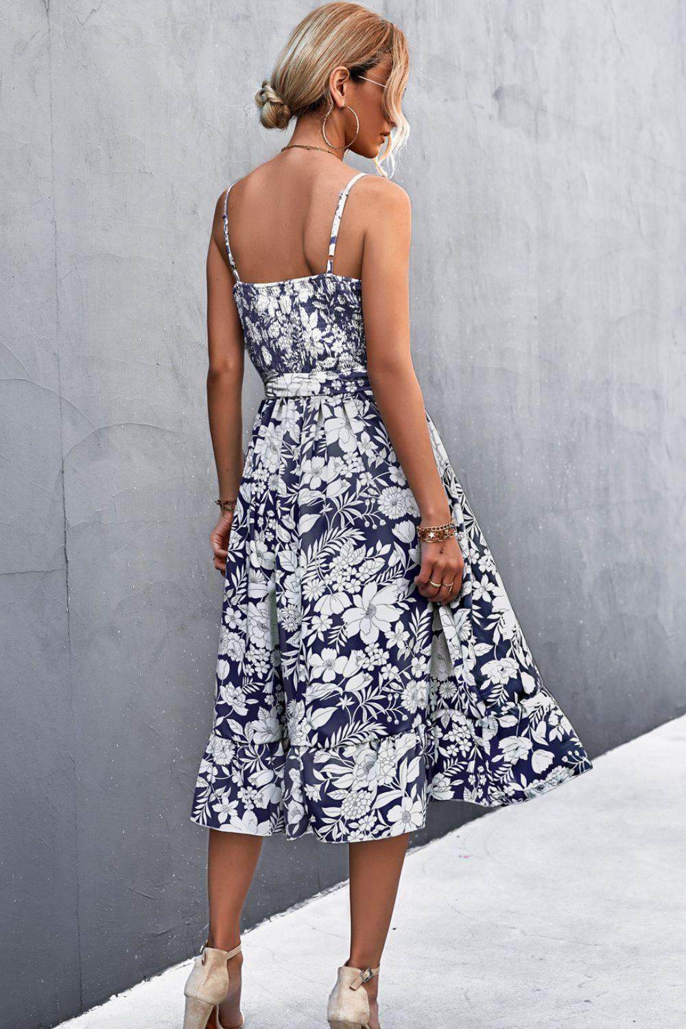 Floral Frill Trim Scoop Neck Spaghetti Strap Dress - Trendsi - Flyclothing LLC