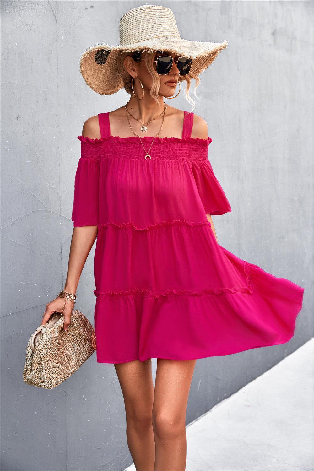 Cold-Shoulder Frill Trim Tiered Dress - Trendsi