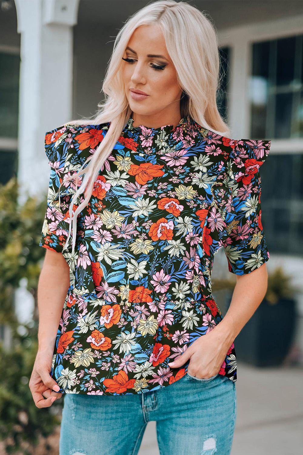 Floral Ruffle Shoulder Frill Neck Blouse - Trendsi