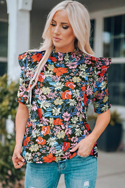 Floral Ruffle Shoulder Frill Neck Blouse - Trendsi