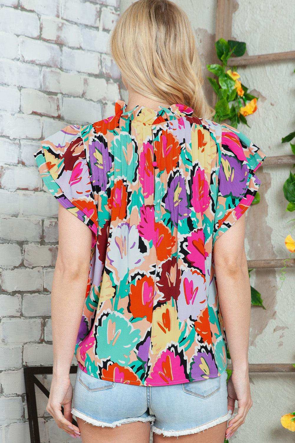 Multicolored Flutter Sleeve Mock Neck Blouse - Trendsi - Flyclothing LLC