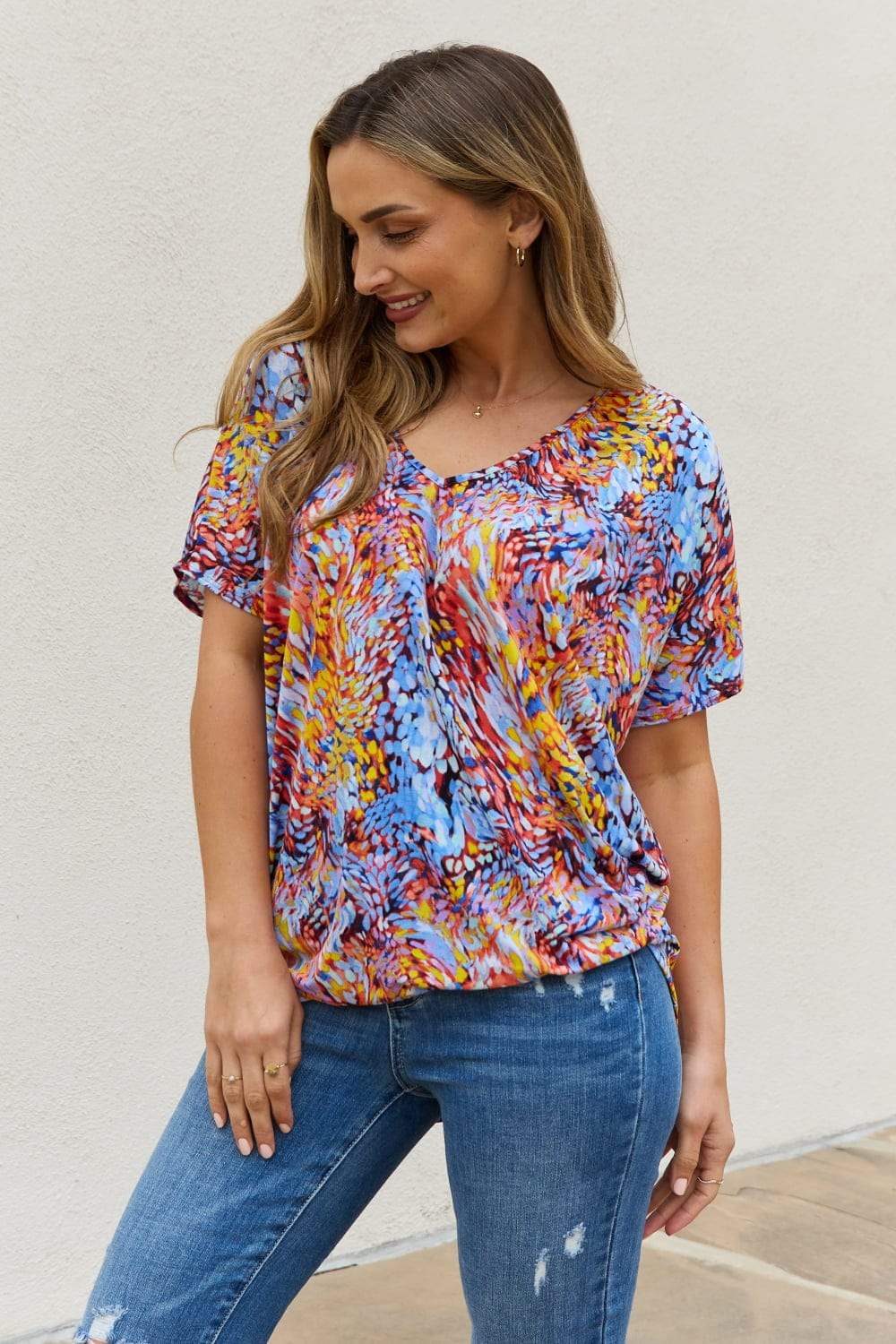 Be Stage Full Size Printed Dolman Flowy Top - Trendsi - Flyclothing LLC