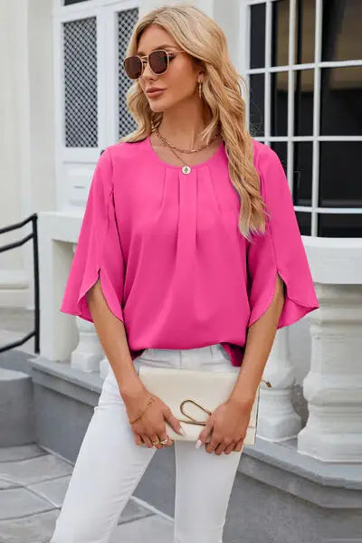 Round Neck Slit Half Sleeve Top - Trendsi - Flyclothing LLC