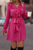 Ruffled Flounce Sleeve V-Neck Belted Dress - Trendsi
