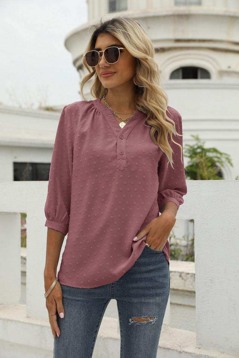 Swiss Dot Notched Neck Three-Quarter Sleeve Blouse - Trendsi - Flyclothing LLC