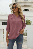 Swiss Dot Notched Neck Three-Quarter Sleeve Blouse - Trendsi - Flyclothing LLC