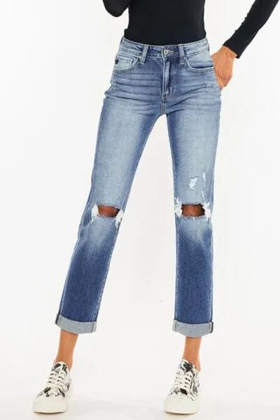 Kancan High Waist Distressed Hem Detail Cropped Straight Jeans - Trendsi