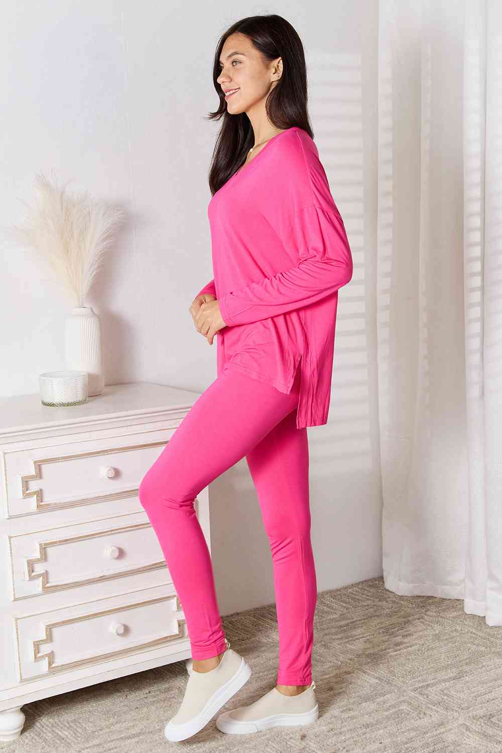Basic Bae Full Size V-Neck Soft Rayon Long Sleeve Top and Pants Lounge Set - Trendsi - Flyclothing LLC