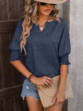 Heathered Notched Lantern Sleeve Blouse - Trendsi - Flyclothing LLC