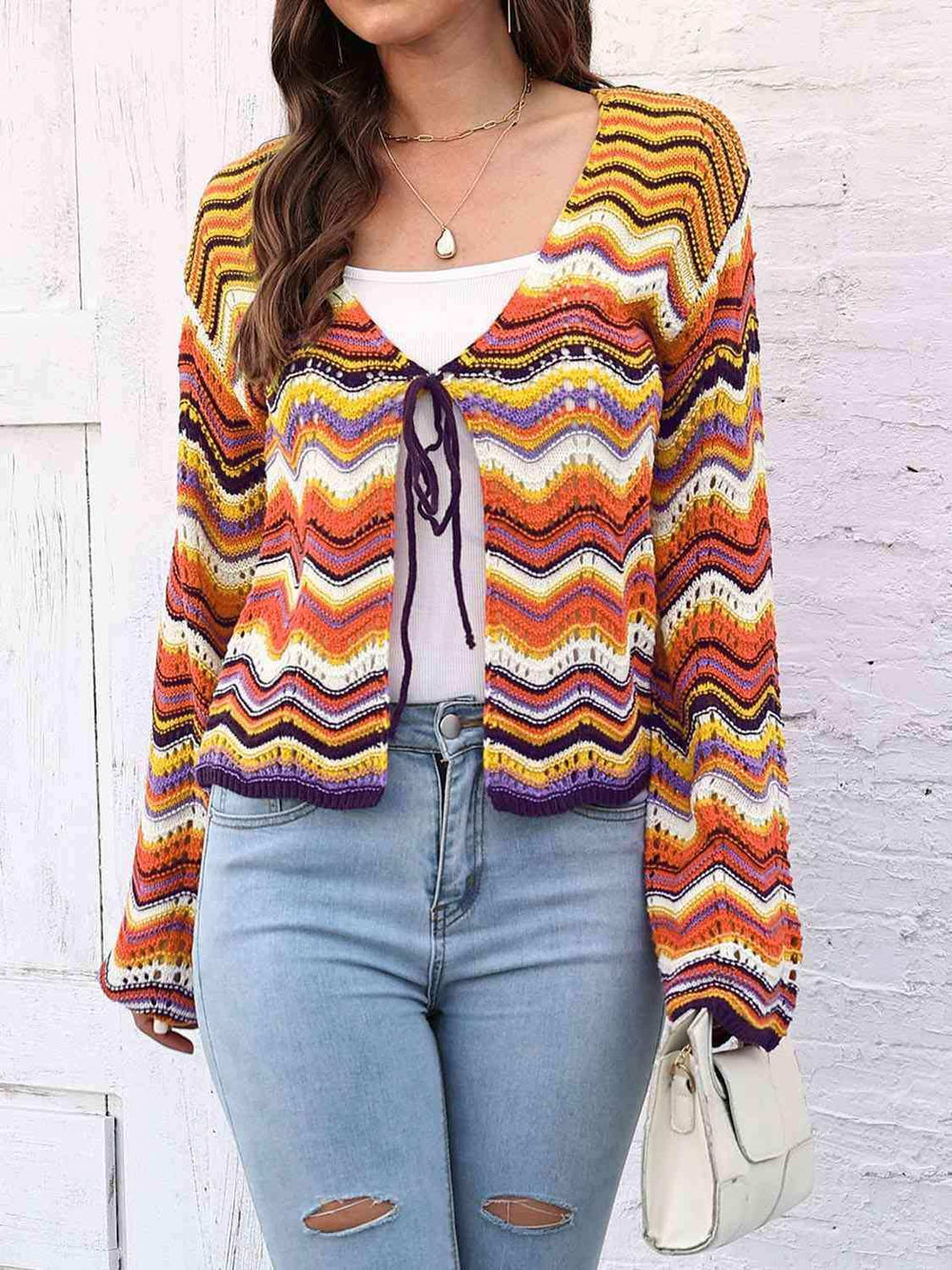 Striped Openwork Tied Cardigan - Trendsi - Flyclothing LLC