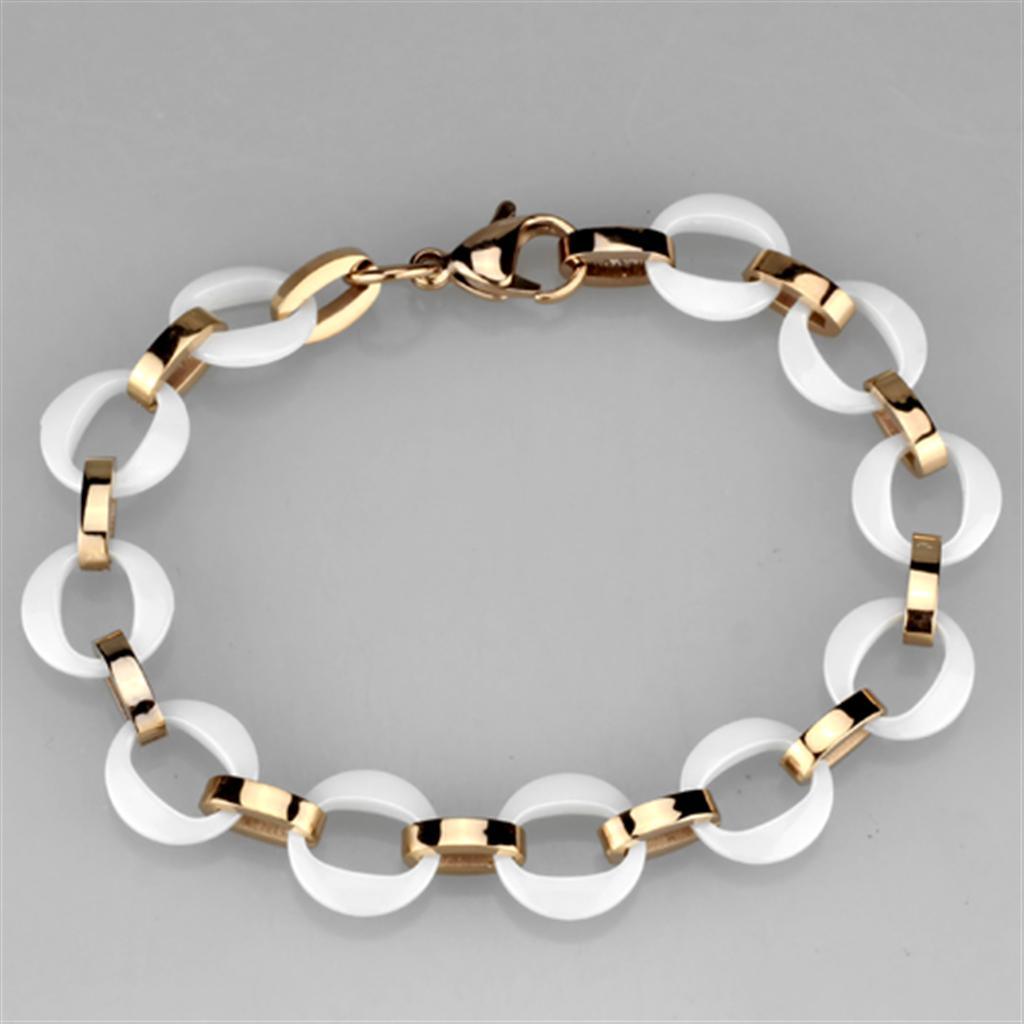 Alamode IP Rose Gold(Ion Plating) Stainless Steel Bracelet with Ceramic in White - Flyclothing LLC