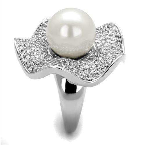 Alamode Rhodium Brass Ring with Synthetic Pearl in White - Alamode - Flyclothing LLC