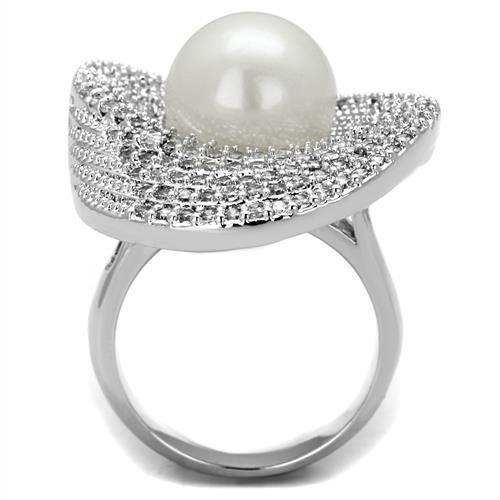 Alamode Rhodium Brass Ring with Synthetic Pearl in White - Alamode - Flyclothing LLC