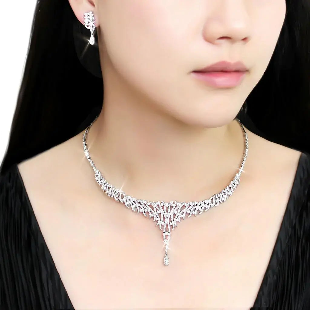 Alamode Rhodium Brass Jewelry Sets with AAA Grade CZ in Clear - Alamode - Flyclothing LLC
