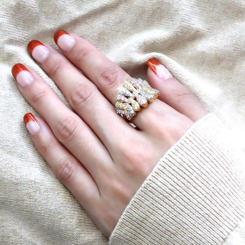 Alamode Tricolor Brass Ring with AAA Grade CZ in Clear - Alamode - Flyclothing LLC