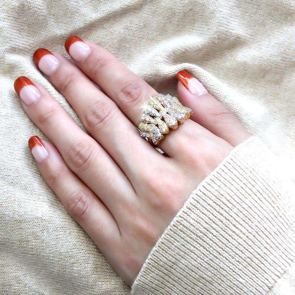 Alamode Tricolor Brass Ring with AAA Grade CZ in Clear - Alamode - Flyclothing LLC