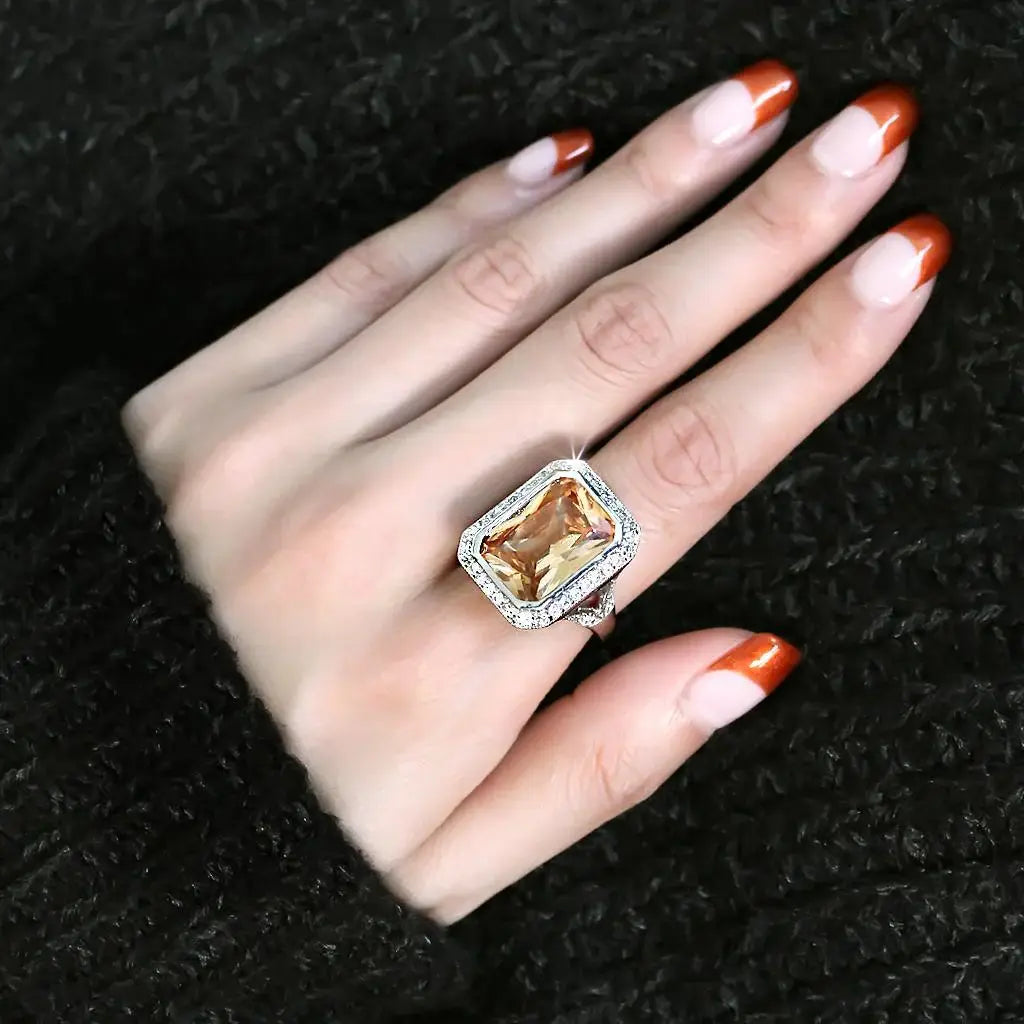 Alamode Rhodium Brass Ring with AAA Grade CZ in Champagne - Alamode - Flyclothing LLC