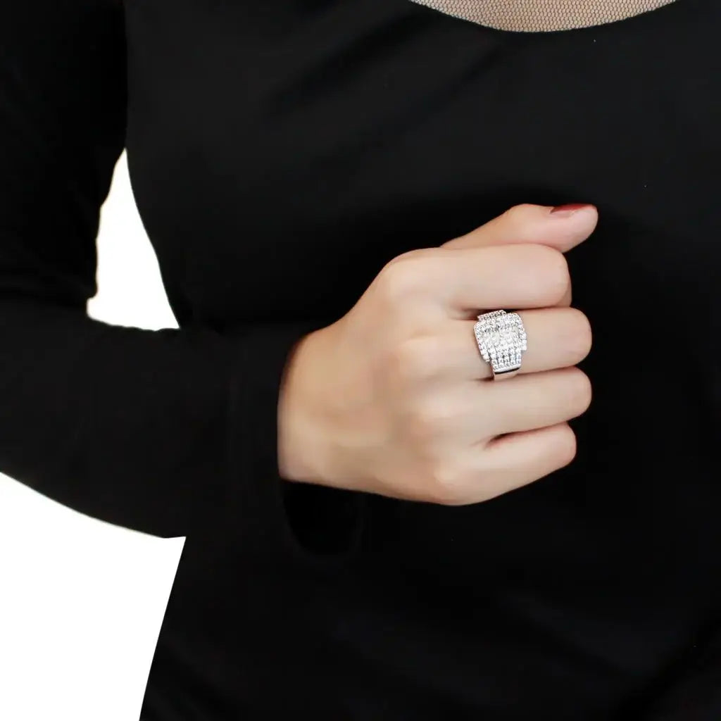 Alamode Rhodium Brass Ring with AAA Grade CZ in Clear - Alamode - Flyclothing LLC