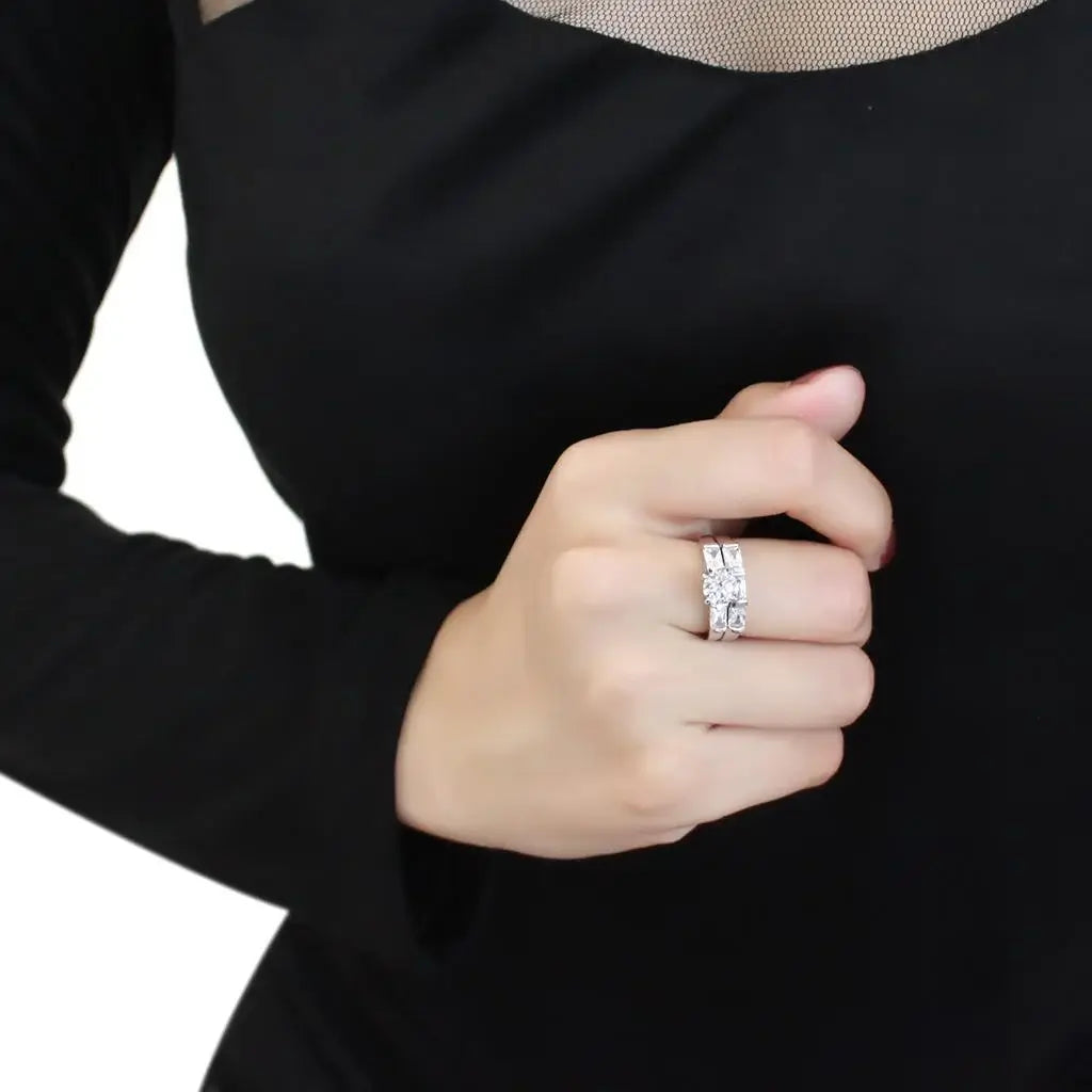 Alamode Rhodium Brass Ring with AAA Grade CZ in Clear - Alamode - Flyclothing LLC