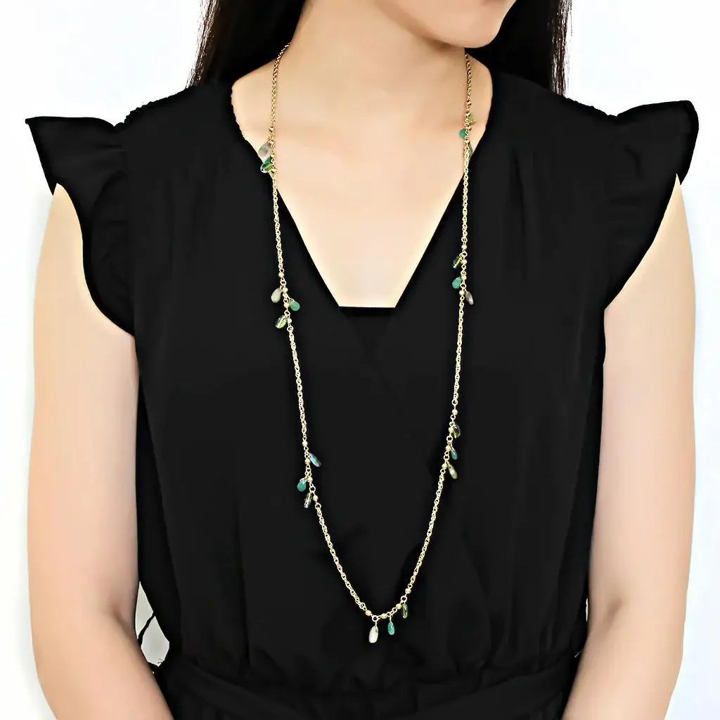 Alamode Gold Brass Necklace with Synthetic Jade in Emerald - Alamode - Flyclothing LLC