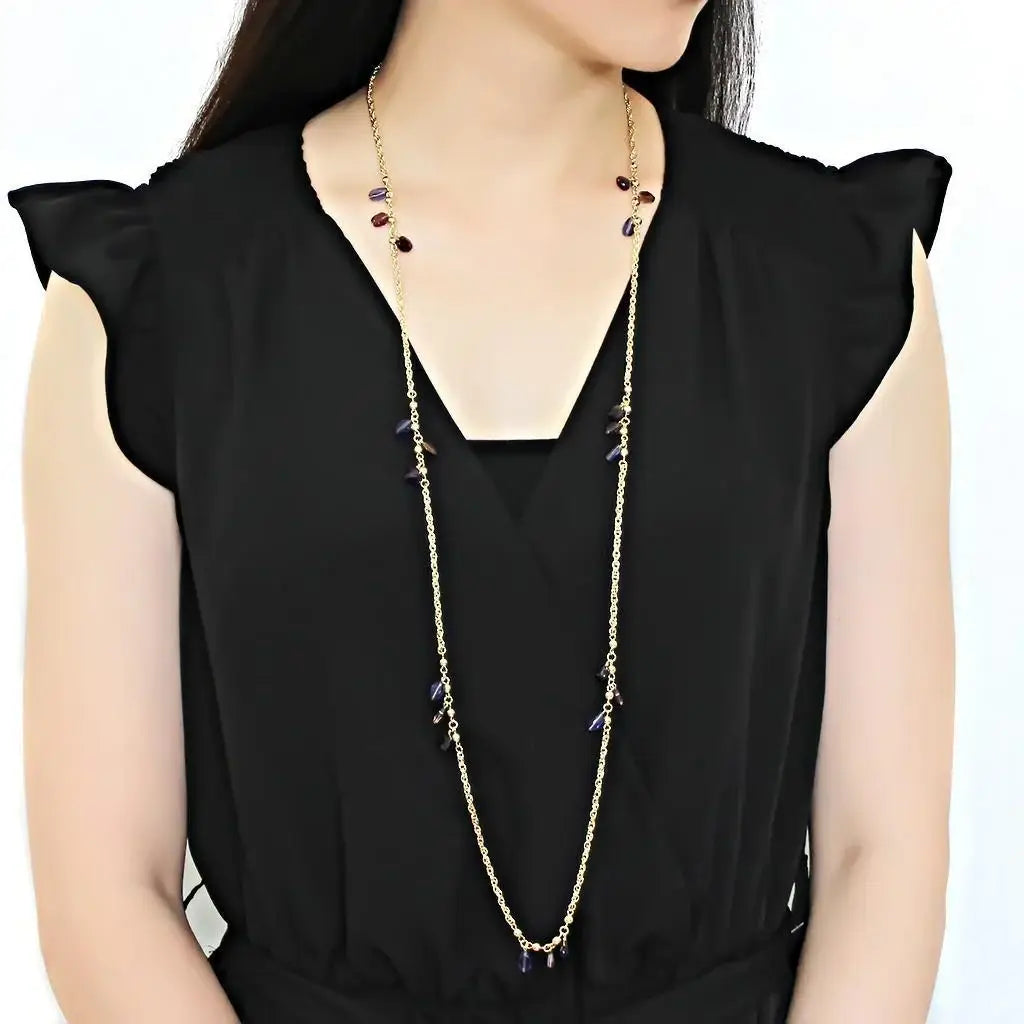 Alamode Gold Brass Necklace with Semi-Precious Amethyst Crystal in Amethyst - Alamode - Flyclothing LLC