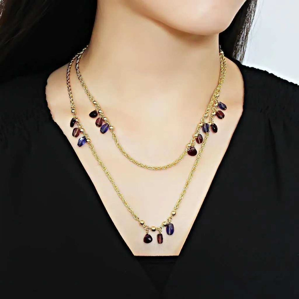 Alamode Gold Brass Necklace with Semi-Precious Amethyst Crystal in Amethyst - Alamode - Flyclothing LLC