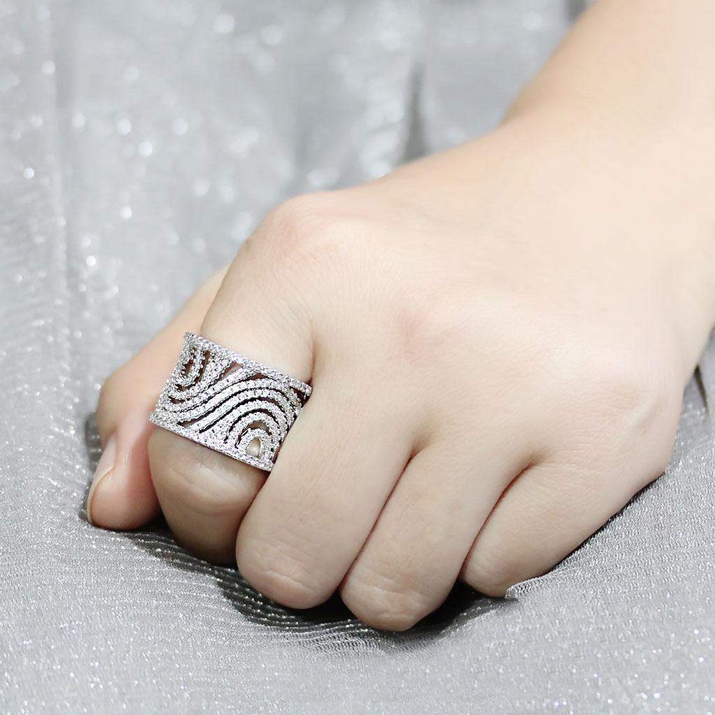 Alamode Rhodium Brass Ring with AAA Grade CZ in Clear - Alamode - Flyclothing LLC