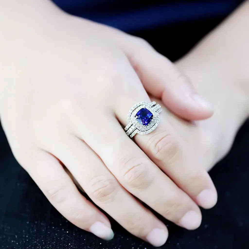 Alamode Rhodium Brass Ring with Synthetic Spinel in London Blue - Alamode - Flyclothing LLC