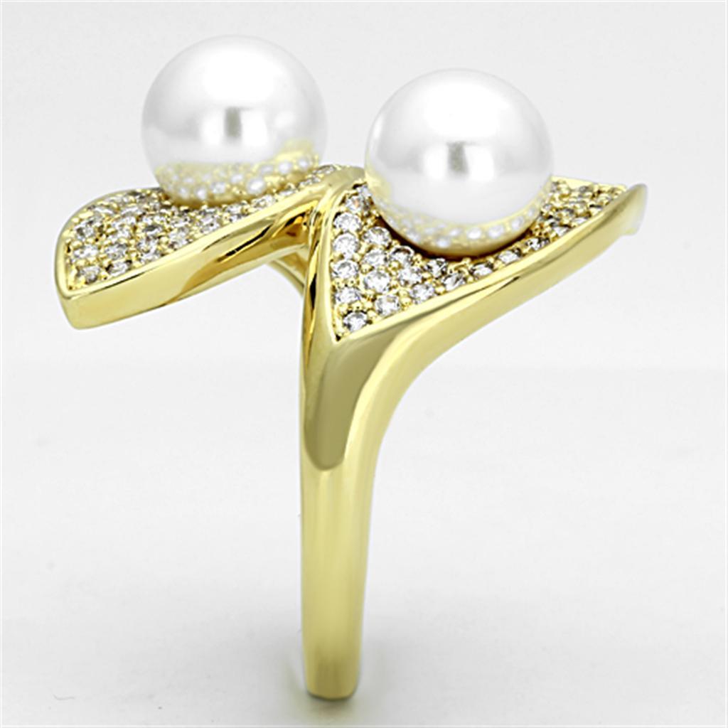 Alamode Gold Brass Ring with Synthetic Pearl in White - Flyclothing LLC