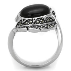 Alamode Rhodium Brass Ring with Synthetic Onyx in Jet - Flyclothing LLC