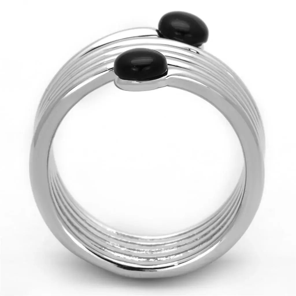 Alamode Rhodium Brass Ring with Synthetic Onyx in Jet - Alamode - Flyclothing LLC