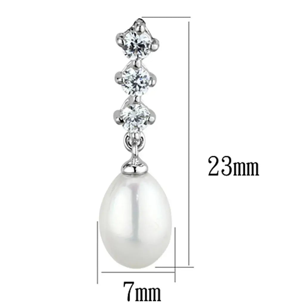 Alamode Rhodium Brass Earrings with Semi-Precious Pearl in White - Alamode - Flyclothing LLC
