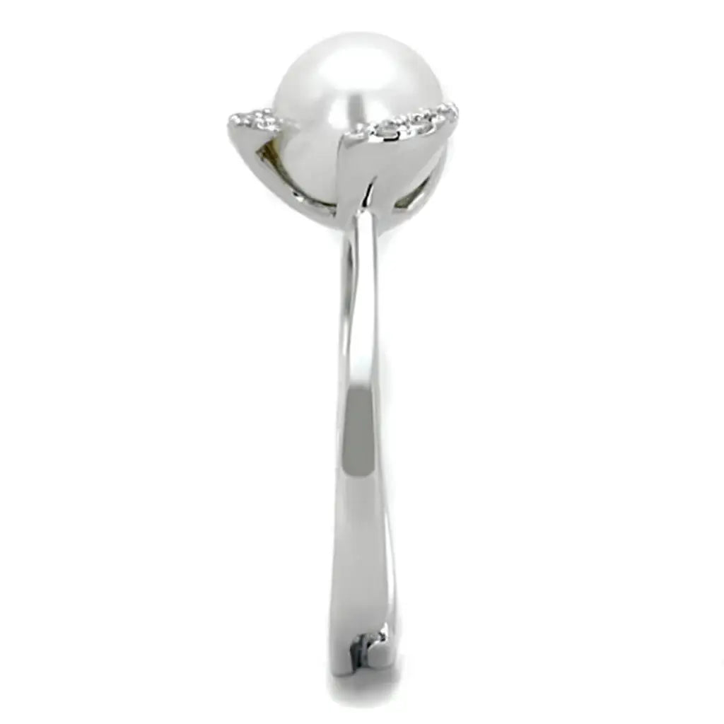 Alamode Rhodium Brass Ring with Synthetic Pearl in White - Alamode - Flyclothing LLC