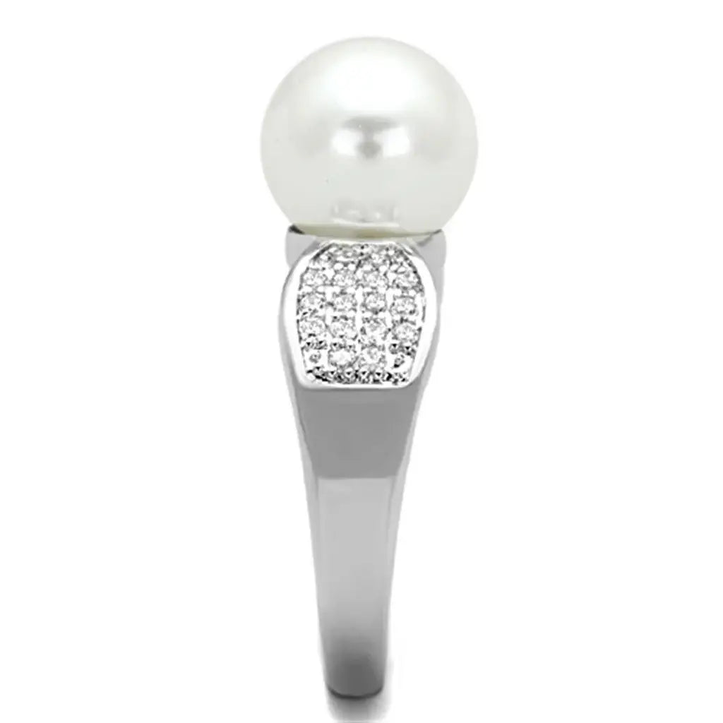 Alamode Rhodium Brass Ring with Synthetic Pearl in White - Alamode - Flyclothing LLC