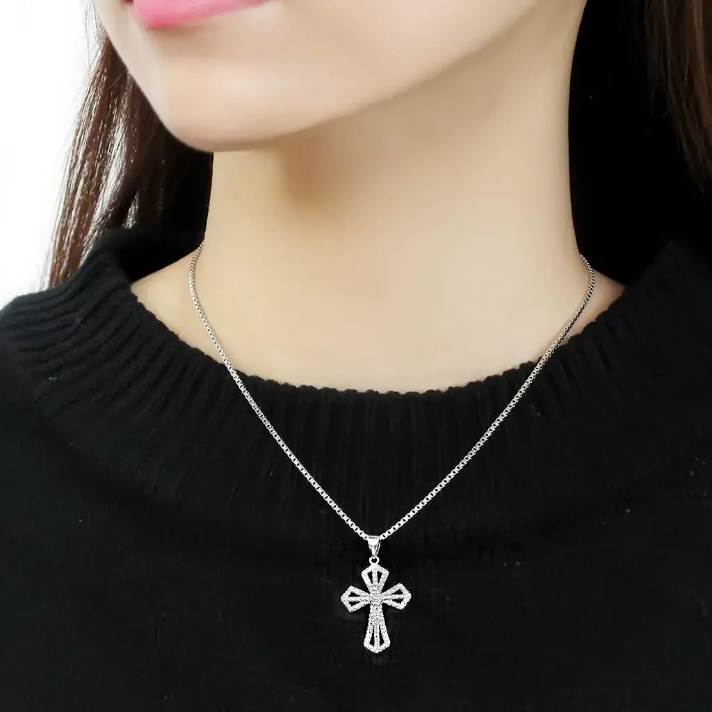 Alamode Rhodium Brass Chain Pendant with AAA Grade CZ in Clear - Alamode - Flyclothing LLC