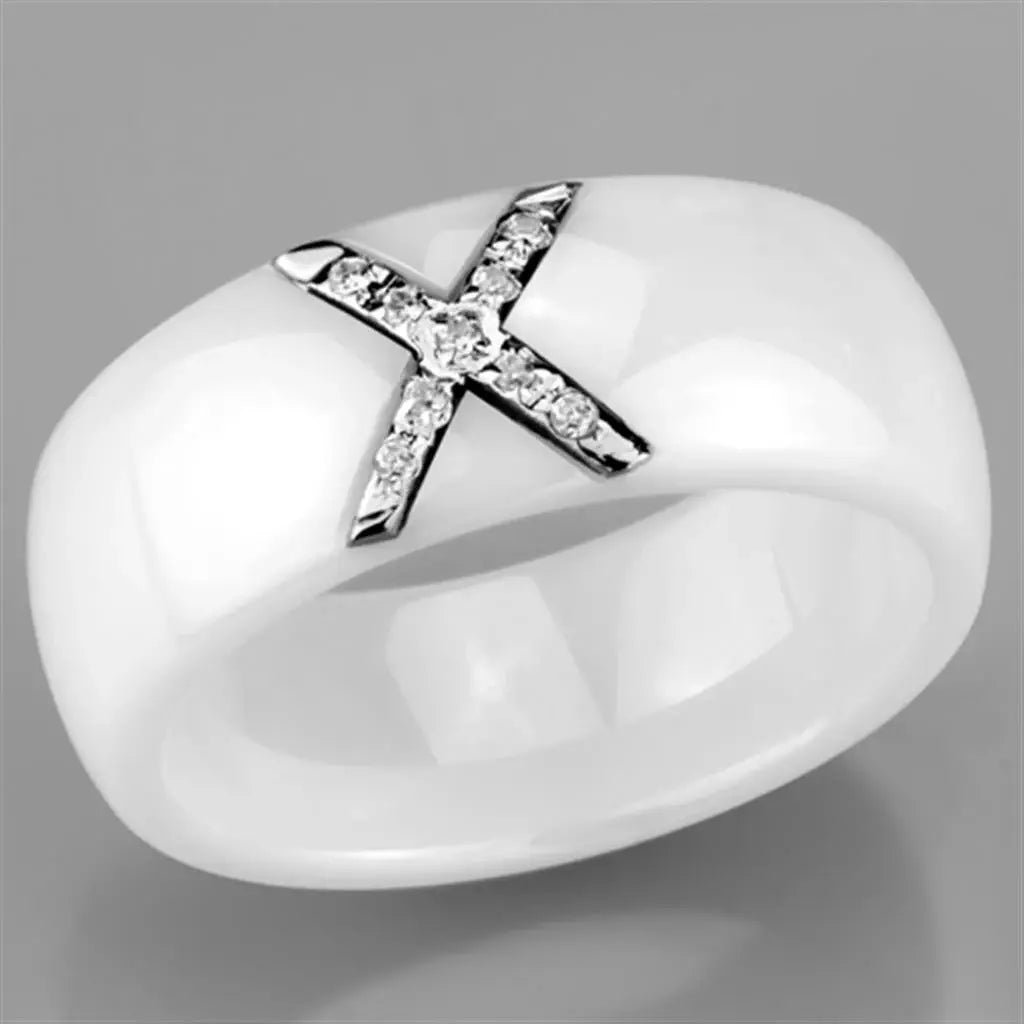 Alamode High polished (no plating) Stainless Steel Ring with Ceramic in White - Alamode - Flyclothing LLC
