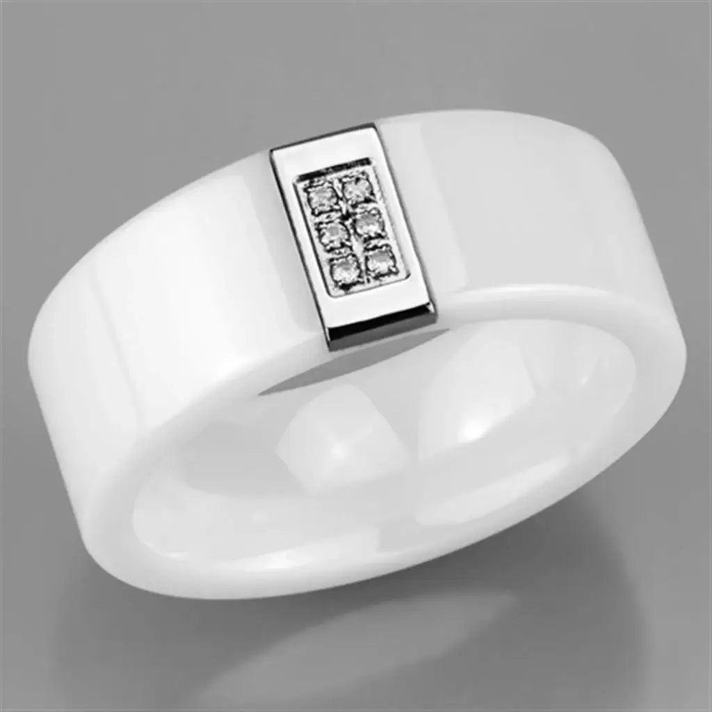 Alamode High polished (no plating) Stainless Steel Ring with Ceramic in White - Alamode - Flyclothing LLC