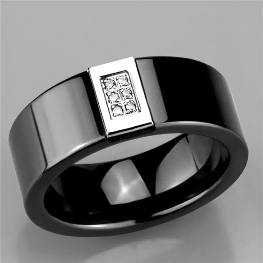Alamode High polished (no plating) Stainless Steel Ring with Ceramic in Jet - Alamode - Flyclothing LLC