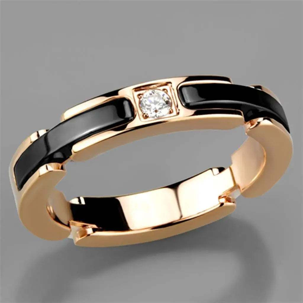Alamode IP Rose Gold(Ion Plating) Stainless Steel Ring with Ceramic in Jet - Alamode - Flyclothing LLC