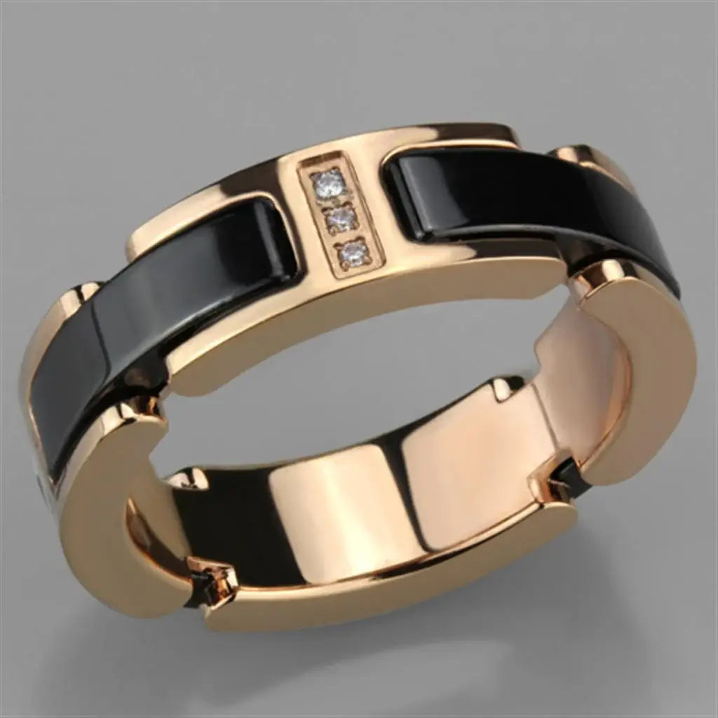 Alamode IP Rose Gold(Ion Plating) Stainless Steel Ring with Ceramic in Jet - Alamode - Flyclothing LLC