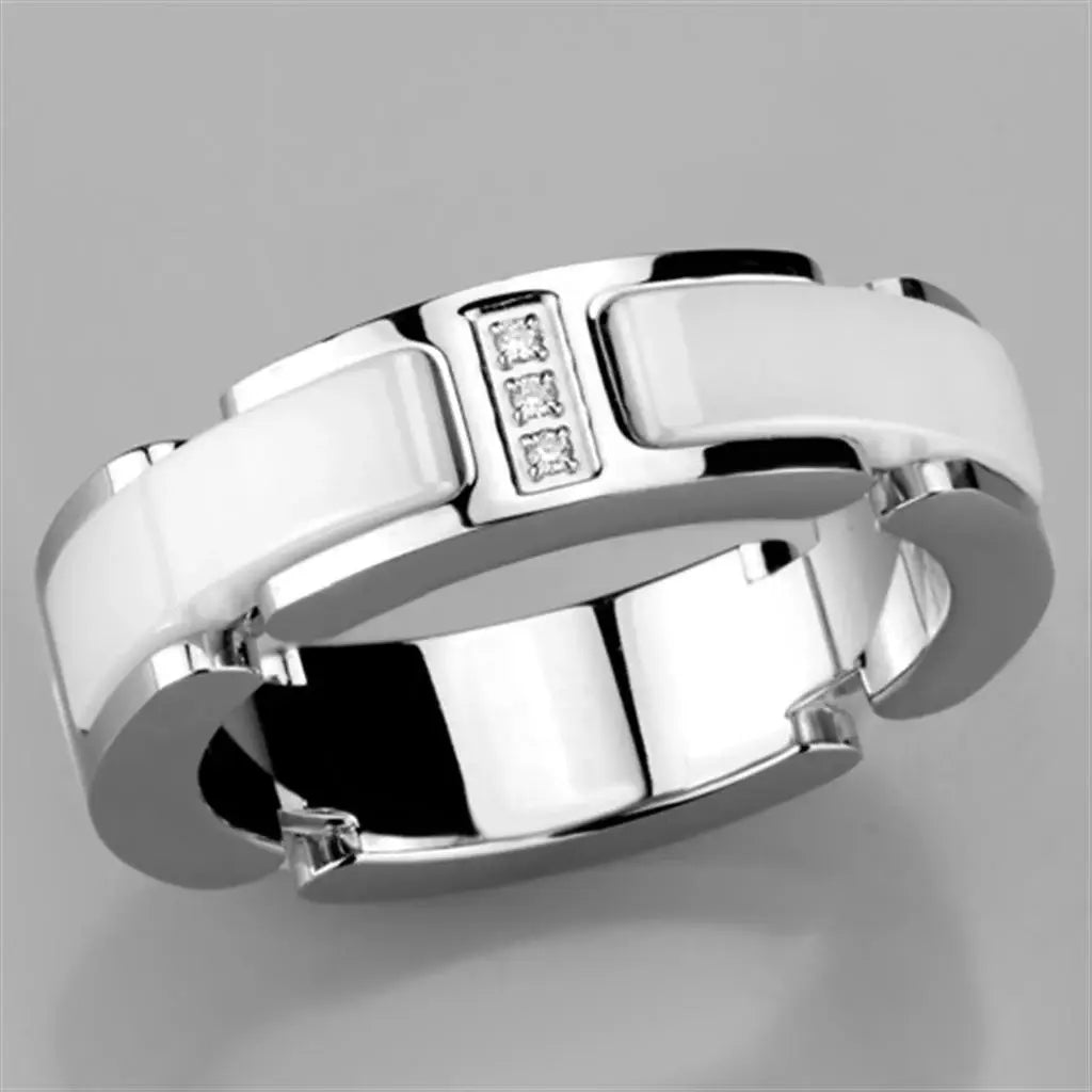 Alamode High polished (no plating) Stainless Steel Ring with Ceramic in White - Alamode - Flyclothing LLC