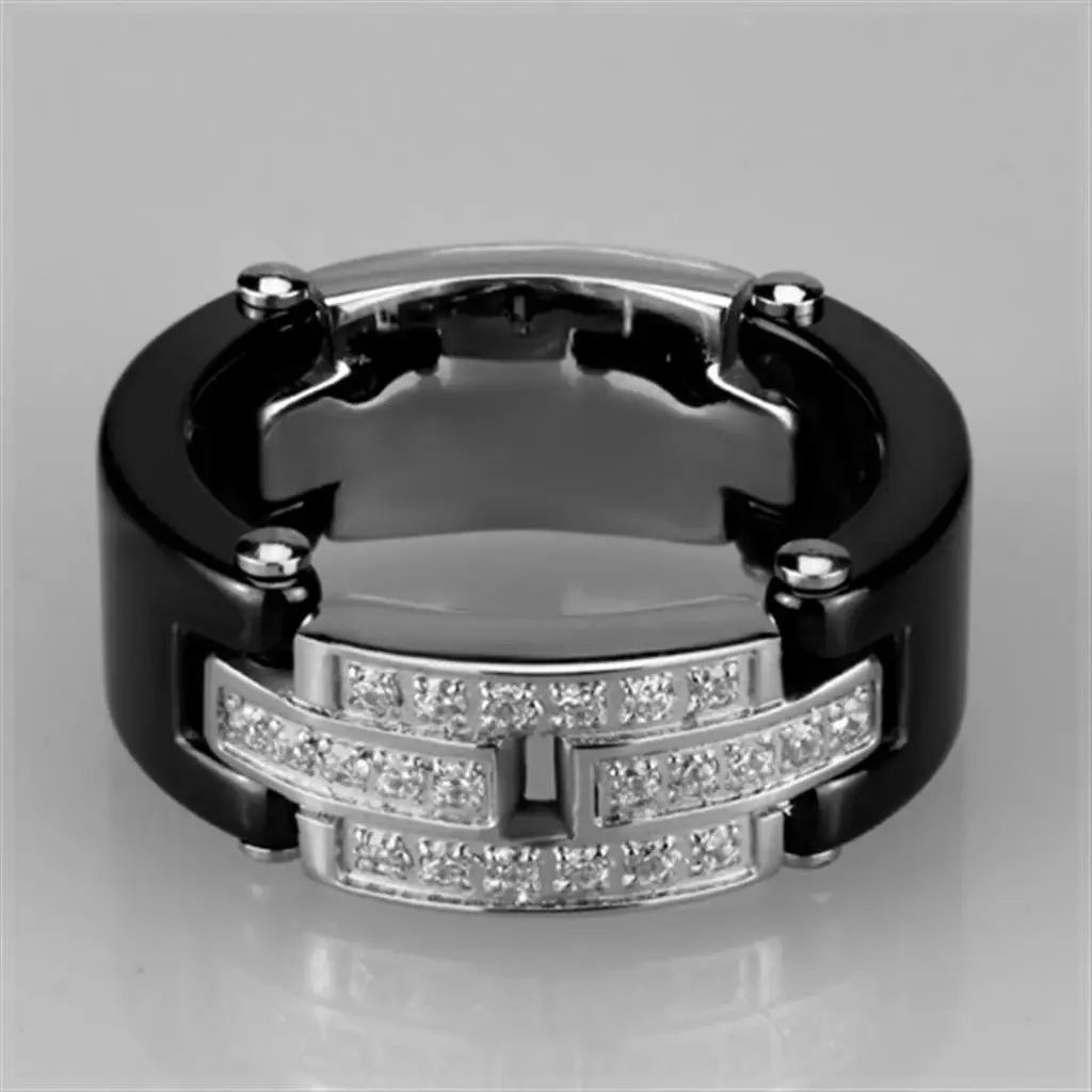 Alamode High polished (no plating) Stainless Steel Ring with Ceramic in Jet - Alamode - Flyclothing LLC