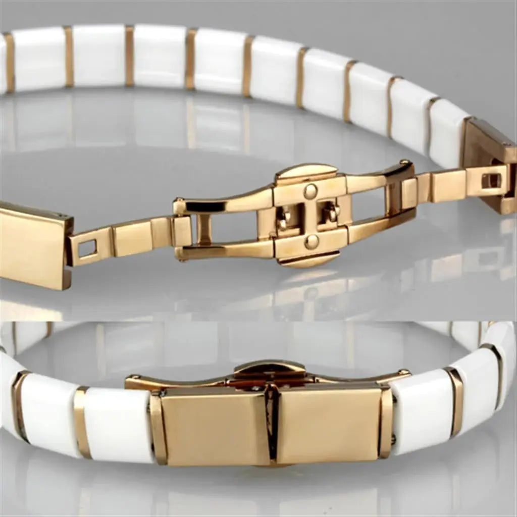 Alamode IP Rose Gold(Ion Plating) Stainless Steel Bracelet with Ceramic in White - Alamode - Flyclothing LLC